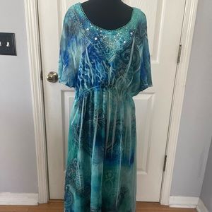 Catherine Size 1X Summer Flowery Dress with Silver Blue Shiny Embellishments